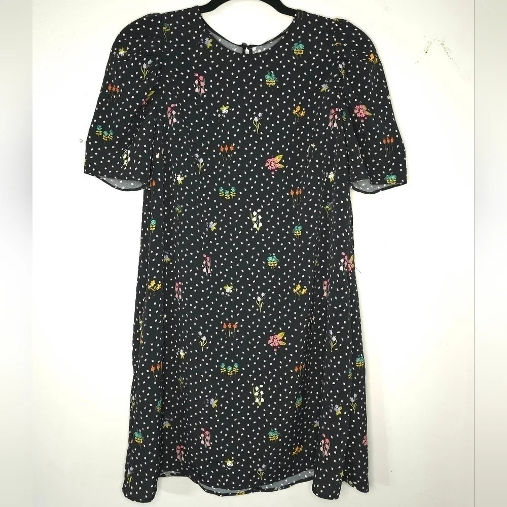 ZARA BASICS Short Sleeve Black Ditsy Floral Shift Dress with Pockets, Size S - Picture 3 of 15